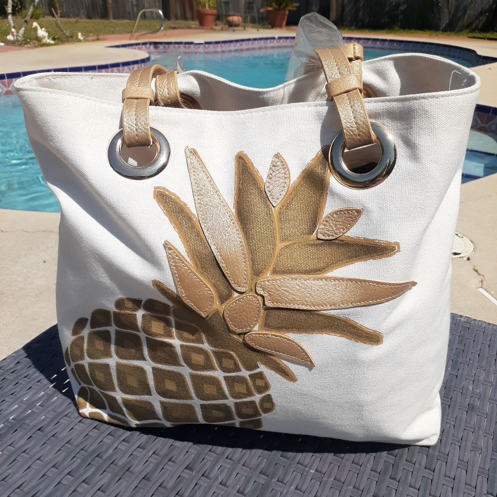 Pineapple White and Gold Tote Bag